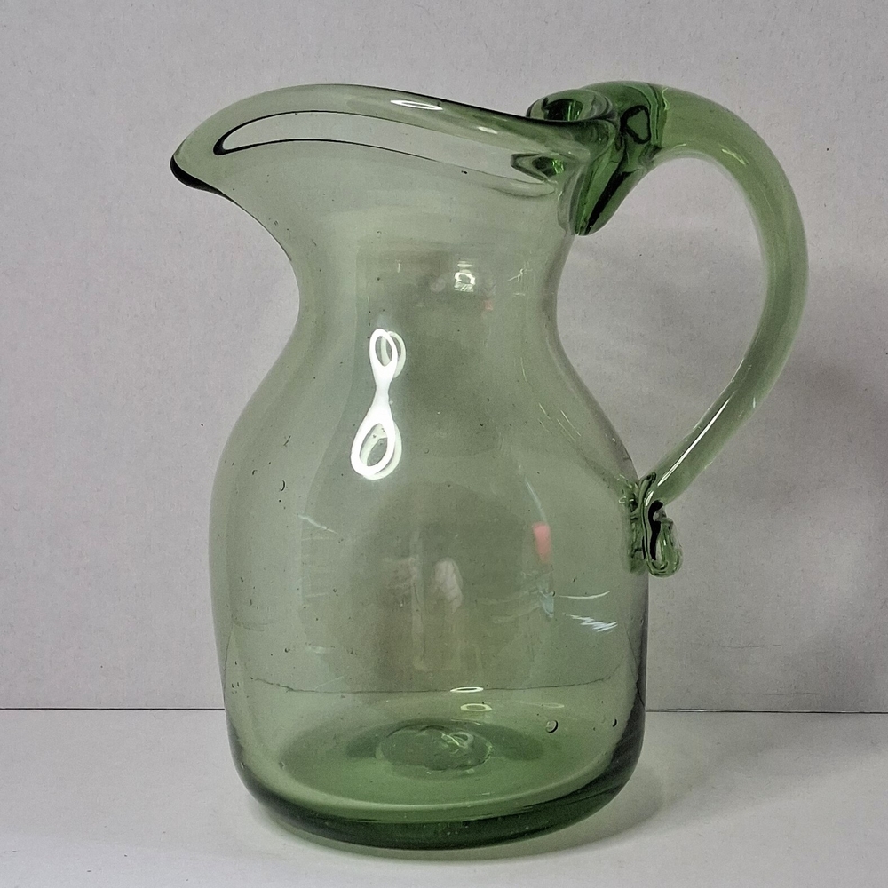 Vintage Green Art Glass Heart Top Pitcher 5.5" Hand Blown Clear